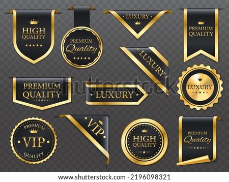 Premium, luxury golden labels, banners and ribbon corners, vector premium quality badges. Luxury tags and VIP product gold emblems or sticker seals with premium quality star and crown on silky Royalty-Free Stock Photo #2196098321