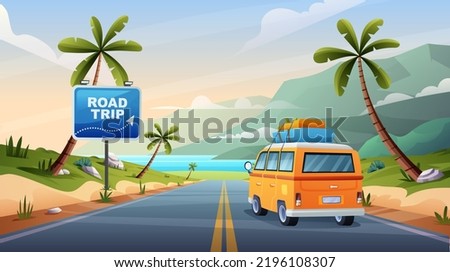 Road trip vacation by car on highway with beach and hills view concept cartoon illustration Royalty-Free Stock Photo #2196108307