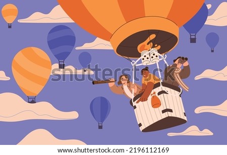 Hot air balloon flight. Happy people soaring, flying in basket in sky among clouds. Tourists with telescope floating during aerial ballon travel, festival on summer holiday. Flat vector illustration. Royalty-Free Stock Photo #2196112169