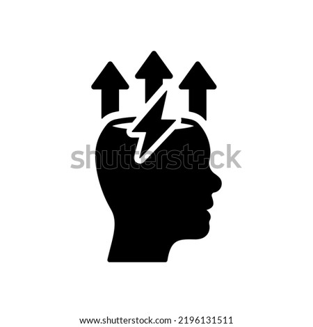Brain and Lightning Bolt Silhouette Icon. Stress, Creative Mind, Headache Black Pictogram. Creativity Think, Smart Brainstorm Icon. Mental Power. Isolated Vector Illustration.