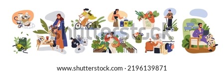 Eco lifestyle, zero waste life concept. Green sustainable habits set. Conscious consumers with recycled, renewable, reusable products. Flat graphic vector illustrations isolated on white background Royalty-Free Stock Photo #2196139871