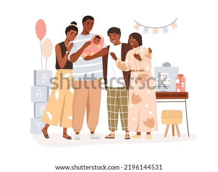 Baby shower party with parents and grandparents. Happy Latin American family celebrates infant birth, arrival, welcoming newborn kid. Flat graphic vector illustration isolated on white background