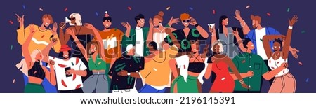 Happy people crowd at holiday party. Friends dancing, having fun together. Young men and women characters group, youth celebrating event with joy. Nightlife concept. Colored flat vector illustration Royalty-Free Stock Photo #2196145391