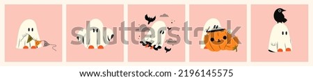 Set ghost emotional expression. Halloween phantom ghost with different character. Concept of mystical drawings for decoration. Flat vector illustration isolated on pink background.