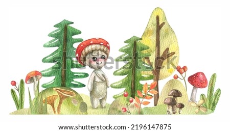 Cartoon animals-fly agaric boy, forest herbs, flowers, trees, Christmas tree, mushrooms painted in watercolor. Watercolor illustration of a fabulous autumn forest.