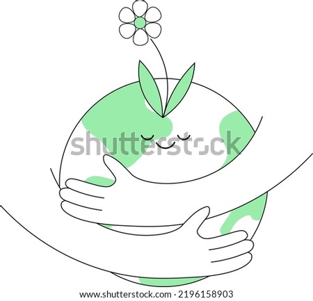 Hugging earth. Smiling earth cartoon with hands holding earth. Save the planet. Cute green globe cartoon vector clip art illustration for earth day and World Environment Day.