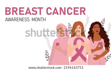 Breast Cancer Awareness. Women community wearing pink.  Breast cancer month banner. Vector illustration	