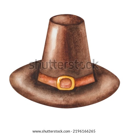 Watercolor illustration of hand painted brown pilgrim hat with golden buckle. Traditional american hat for men. Retro style male headwear. Thanksgiving hat. Isolated clip art for postcards, posters