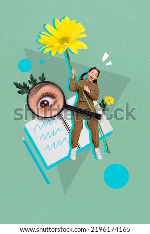 Vertical collage picture of excited crazy mini girl hands hold big flower fly magnifier loupe eye look see painted pencil notebook
