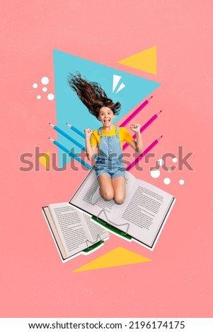 Vertical collage picture of excited overjoyed little girl raise fists celebrate big book holder pencil isolated on painted background