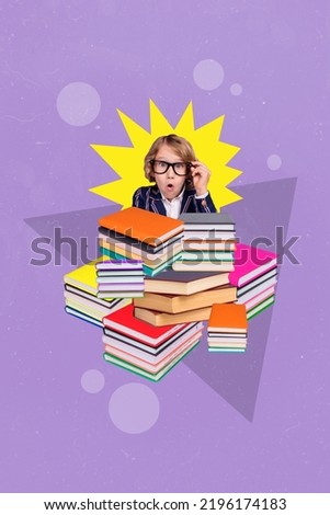 Vertical collage image of shocked boy hand touch glasses big pile stack book isolated on violet drawing background