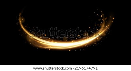 Abstract light lines of movement and speed with golden color sparkles. Light everyday glowing effect. semicircular wave, light trail curve swirl, car headlights, incandescent optical fiber png.
