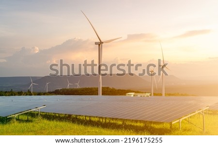 Sustainable energy. Solar and wind turbines farm. Sustainable resources. Solar, wind power. Renewable energy. Sustainable development. Photovoltaic panel. Green energy. Alternative electricity source. Royalty-Free Stock Photo #2196175255