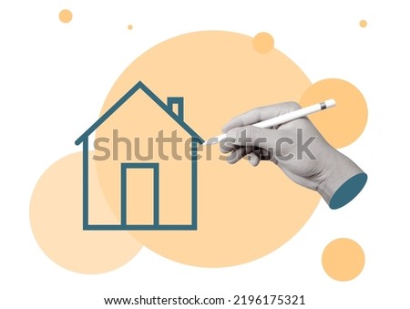 Hand drawing a house. Concept of rent, search, purchase real estate. Art collage.