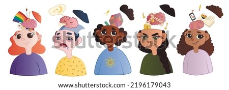 Set of children with different brains on white background