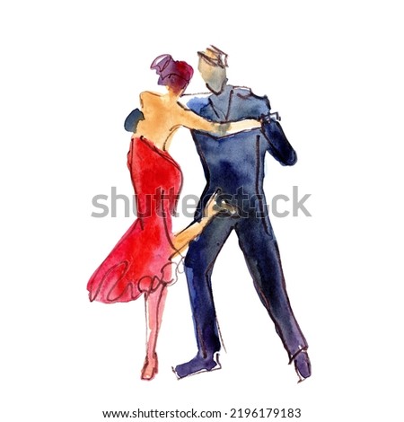 Watercolor illustration: couple, man and woman dancing tango Royalty-Free Stock Photo #2196179183