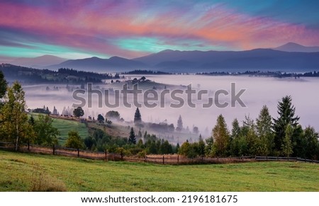 Incredible Nature Landscape during sunset. Amazing countryside landscape with valley in fog behind the grassy hills. Picture of wild area. Awesome nature Background. Carpathian mountains. Ukraine