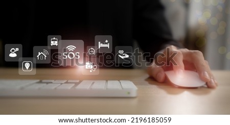 SOS, Health care emergency application. Technology and network concept. Urgency, SOS, warning, emergency kit, ambulance, hospital, rescue and safety. SOS alerts and alarms for the elderly concept. Royalty-Free Stock Photo #2196185059