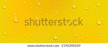 Water or beer condensation droplets on yellow glass background. Rain drops on window, abstract wet texture, cold juice or champagne alcohol beverage in wineglass, Realistic 3d vector illustration