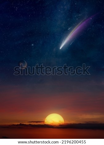 Amazing unreal background: giant colorful comet and dark planet in starry sky over glowing sunset. Comet is icy small Solar System body. Elements of this image furnished by NASA. Mixed media image. Royalty-Free Stock Photo #2196200455