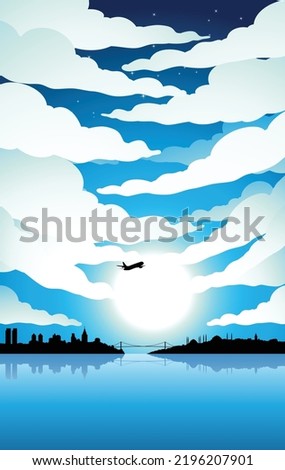 Illustration of Istanbul Silhouette Under a Blue Cloudy Sky with Bright Moon