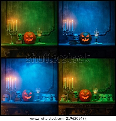 Scary laughing pumpkin and old skull on ancient gothic fireplace. Halloween, witchcraft and magic concept. Set collage.