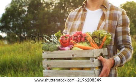 Farmer with a vegetable box in front of a sunset agricultural landscape. Man in a countryside field. Country life, food production, farming and country lifestyle. Royalty-Free Stock Photo #2196208549