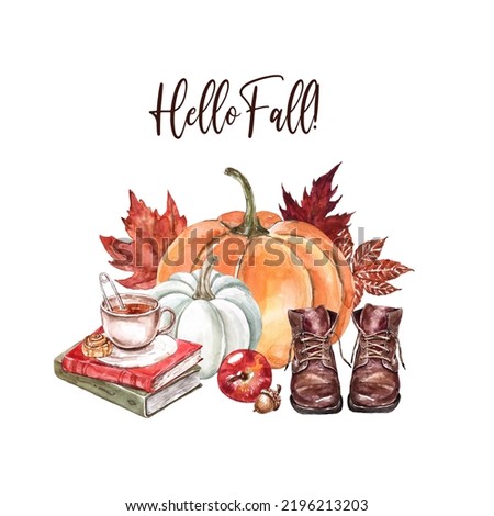 Fall themed arrangement with pumpkins, boots, books, cup of tea, autumn leaves. Watercolor hand-painted illustration.