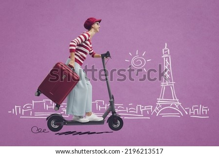 Happy fashionable tourist carrying a suitcase and riding an eco-friendly electric scooter, sketched travel destination in the background Royalty-Free Stock Photo #2196213517