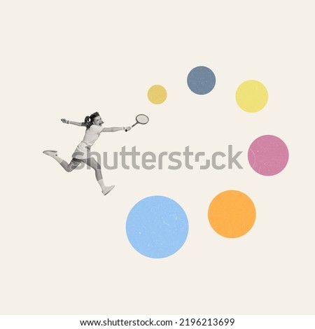 Contemporary art collage. Creative design in retro style. Emotive young girl playing badminton. Concept of creativity, imagination, fashion, vintage artwork, sport. Copy space for ad Royalty-Free Stock Photo #2196213699