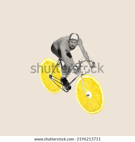 Contemporary art collage. Creative design. Young man, cyclist in uniform riding bike with lemon wheels. Concept of summer, retro style, mood, creativity, imagiation, fun. Copy space for ad, poster Royalty-Free Stock Photo #2196213711