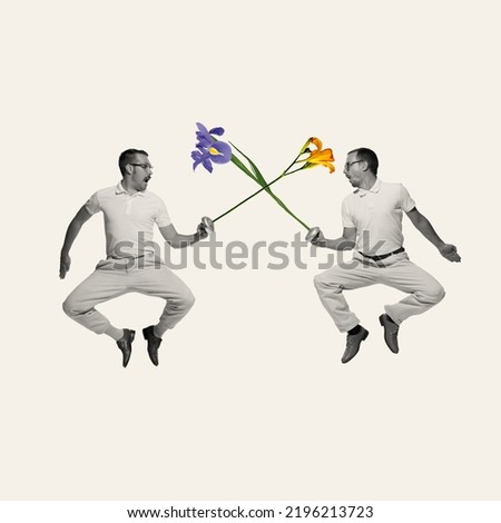 Contemporary art collage. Two men, friends fighting in a jump on flower swords. Funny emotions. Concept of imagination, retro style, mood, creativity, fun. Copy space for ad, poster Royalty-Free Stock Photo #2196213723