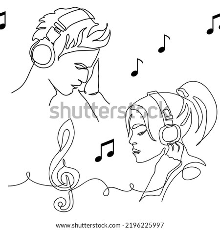 Young people listen to music in headphones. Vector pattern black and white with musical notes, treble clef sign, young people. One continuous line art drawing.
