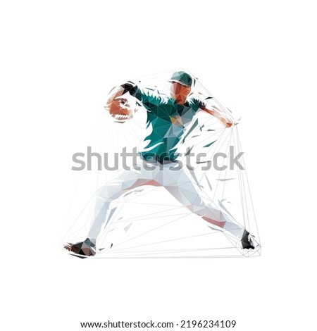 Baseball pitcher throws ball, isolated low polygonal vector illustration, side view. Baseball logo, geometric drawing from triangles