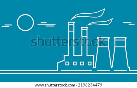 White line industrial factory or power plant (powerhouse) with smoke and sun clouds environmentally friendly on blue background outline icon flat vector design.