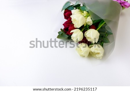 Tulips  a on white background. Hello Spring. Stylish soft image of spring flowers. Happy womens day. Happy Mothers day