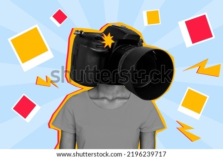 Banner collage of camera instead head black and white isolated on painting blue color background