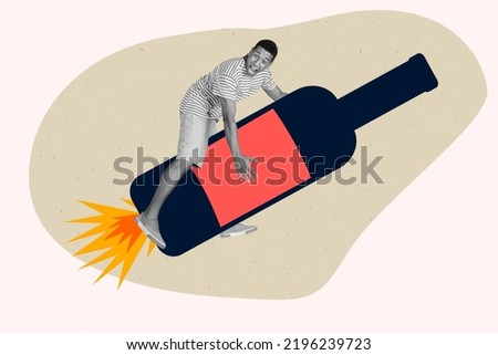 3d retro abstract creative artwork template collage of yelling young man riding flying reactive alcohol wine bottle party hard have fun