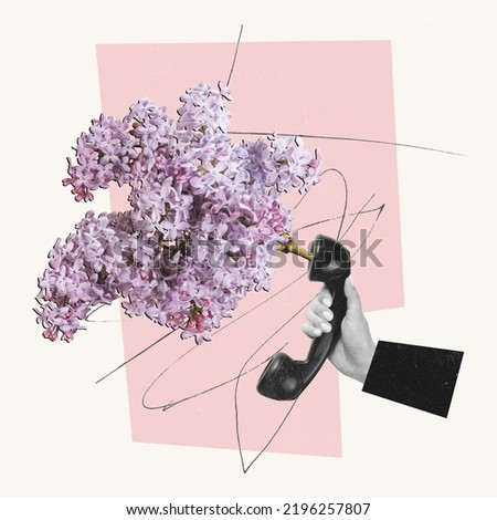 Contemporary artwork. Creative design. Human hand holding phone, handset with lilac flower element. Spring time. Retro design. Concept of vintage, old-fashion, season, creativity. Copy space for ad