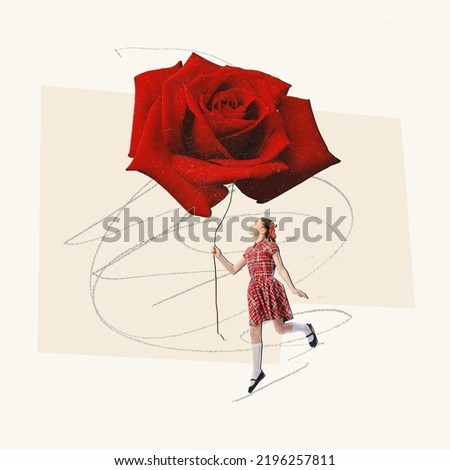 Contemporary art collage. Creative design. Beautiful girl in checkered dress holding giant rose flower. Retro design. Concept of childhood, retro fasion, vintage, creativity. Copy space for ad Royalty-Free Stock Photo #2196257811