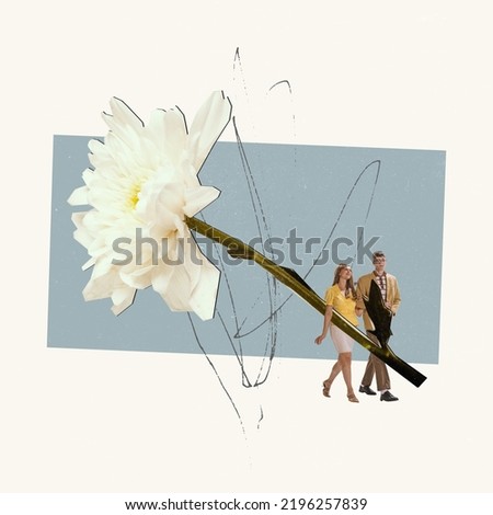 Contemporary art collage. Creative design. Young stylish couple walking on a date. Flower element. Romantic. Retro design. Concept of vintage, old-fashion , relationship, creativity. Copy space for