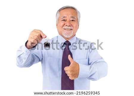 buy - sell Home loan insurance ,home investment loan Real, pretty asian old man holding house and smile advertising copy space isolated on withe color background.