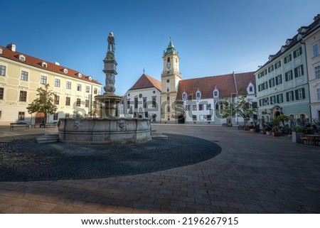 Main Square with Old Town Hall, Maximilian Fountain (or Roland’s Fountain) and Jesuit Church - Bratislava, Slovakia Royalty-Free Stock Photo #2196267915