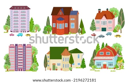collection of colorful cute houses surrounded trees. tower, skyscraper, brick cottage, colorful little cars. cartoon vector illustration of isolated buildings with blossom trees and bushes