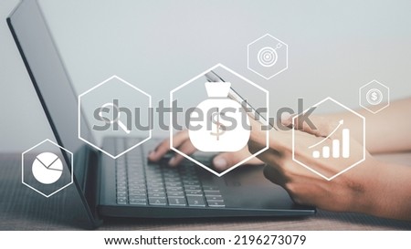 Smart business trader analyst looking at laptop monitor. Concept for online show investment data on stock market graph icon at home.