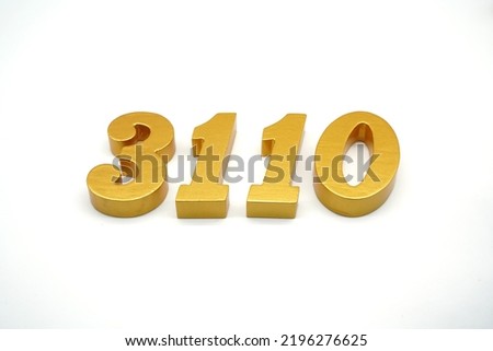     Number 3110 is made of gold-painted teak, 1 centimeter thick, placed on a white background to visualize it in 3D.                                     