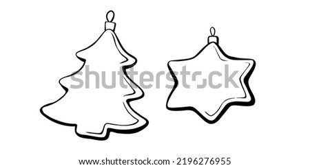 Set of vector contoured glass toys, decorations in form of pine, fir, xmas tree, star, in doodle style. Clipart for Merry Christmas and New Year