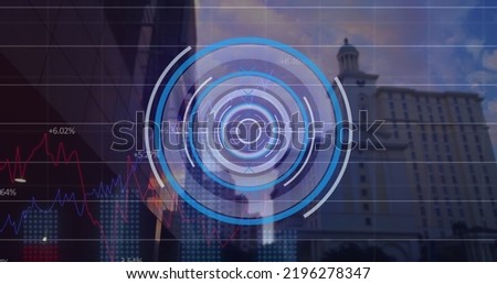 Image of round scanner and statistical data processing against tall buildings. Computer interface and business data technology concept
