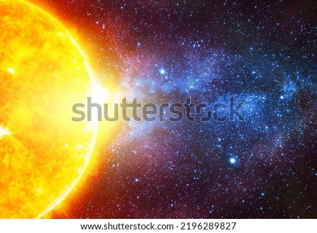 Bright star against dark starry sky cut by Milky Way somewhere in the distant Space, elements of this image furnished by NASA
