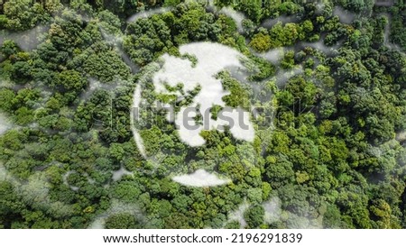 Picture of the world's continents in the clouds Among the greenery, ecological, conservation, climate change, global warming and natural fog. Royalty-Free Stock Photo #2196291839